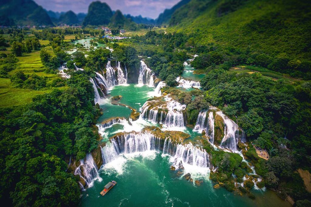 View of Ban Gioc Waterfall, one of the most beautiful natural highlights of Vietnam.