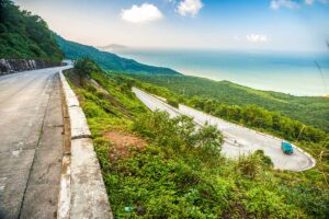 The road zigzagging up in the mountains and along the coast between Hue and Da Nang called the Hai Van Pass