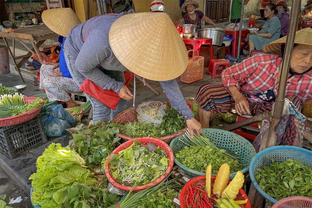 Visiting a local market in Hoi An to buy fresh ingredients for a cooking class