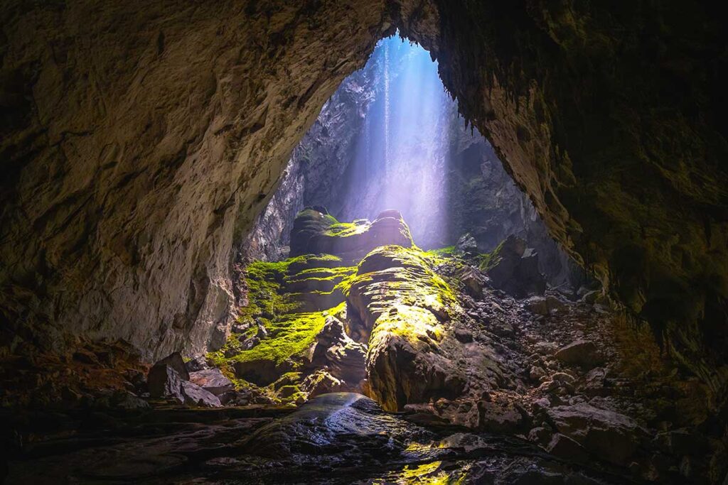 A huge cave opening in Hang Son Doong Cave, the largest cave in the world, located in Phong Nha-Ke Bang National Park.