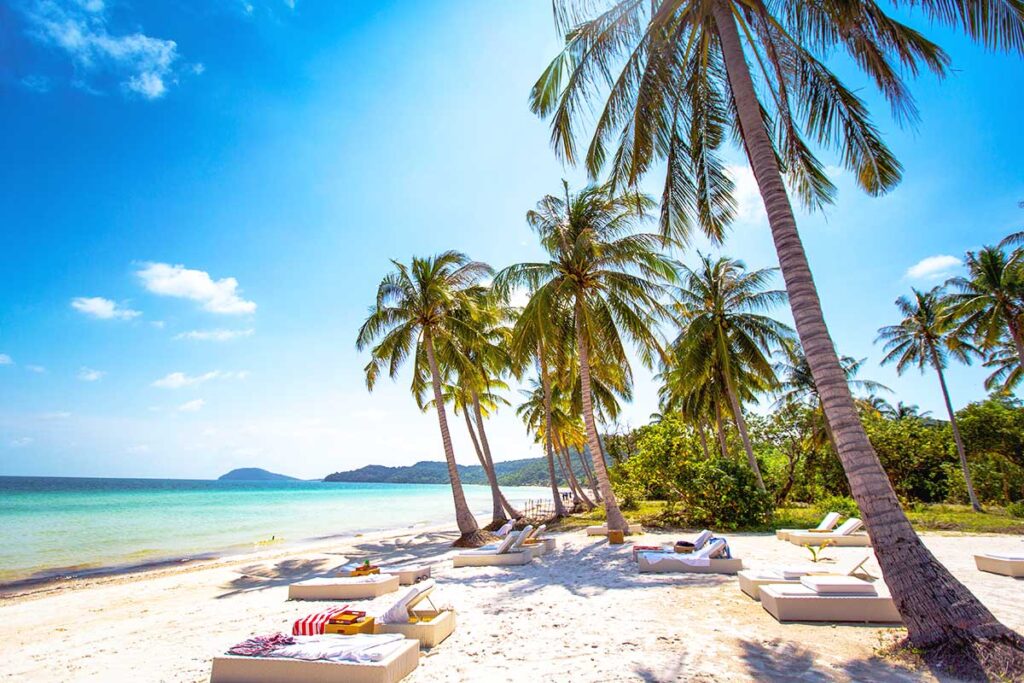 Palm trees and pure white sand with lounge chairs at Bai Sao Beach on Phu Quoc Island.