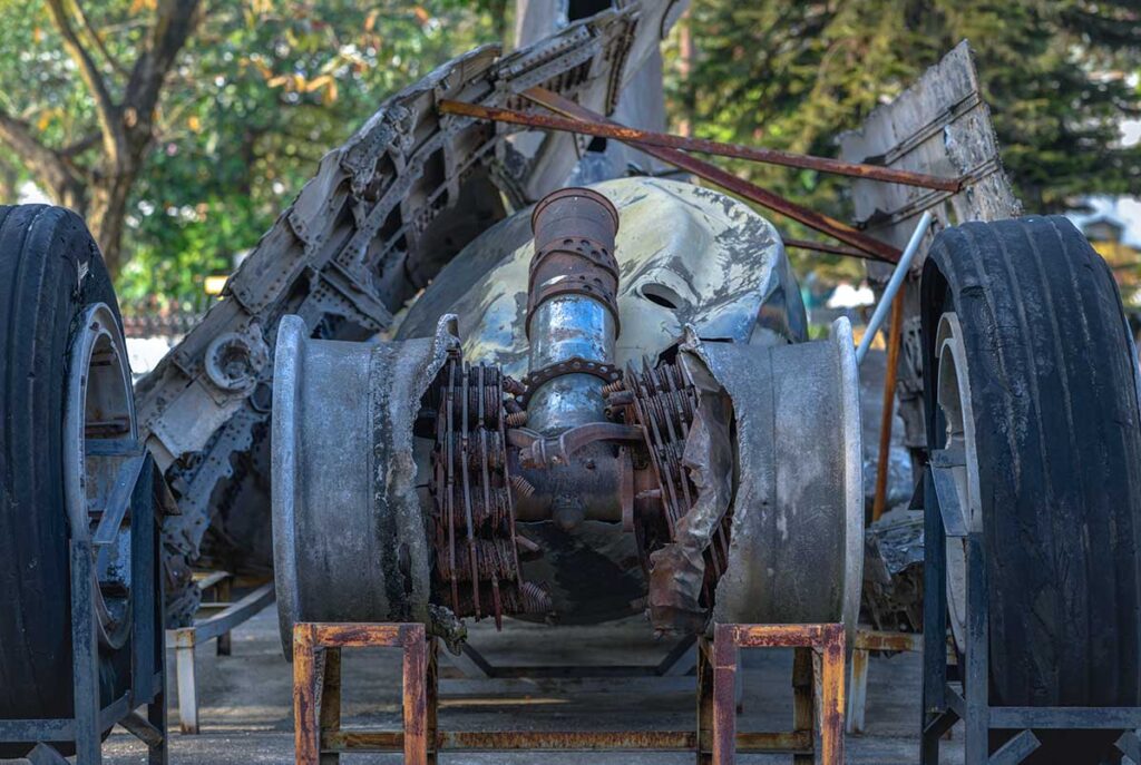 Wreckage of a B-52 bomber plane displayed at the B52 Victory Museum in Hanoi