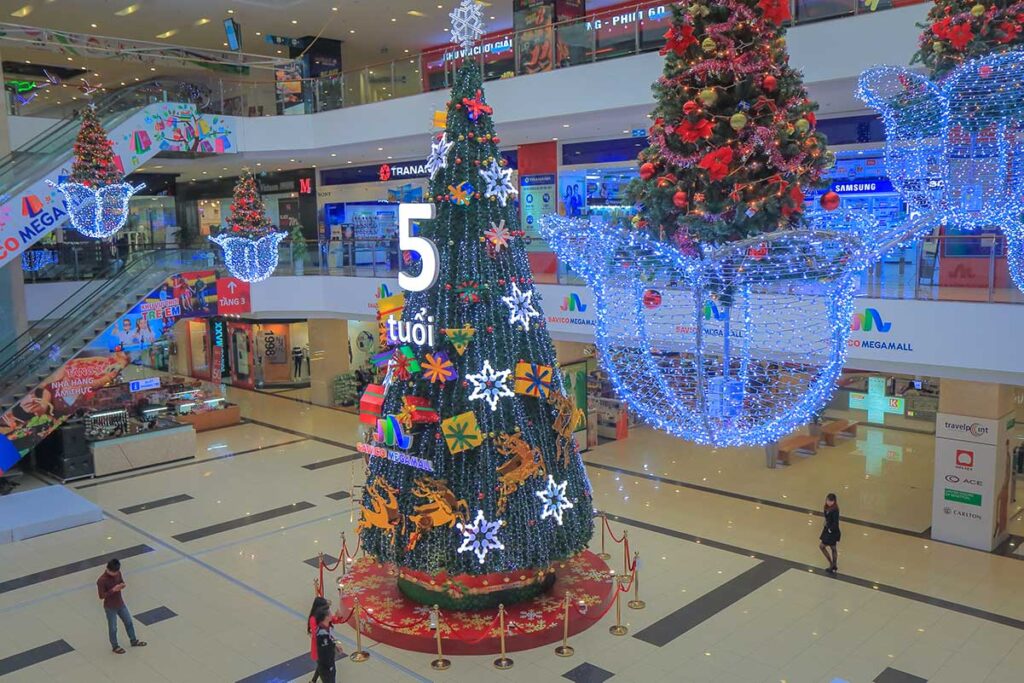 A christmas tree inside a shopping mall in Hanoi
