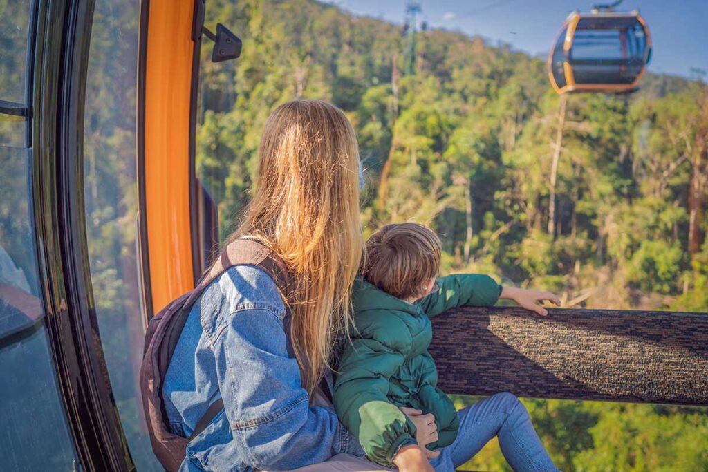 Da Nang with kids – riding the Ba Na Hills cable car through lush mountains, a scenic and fun activity for families