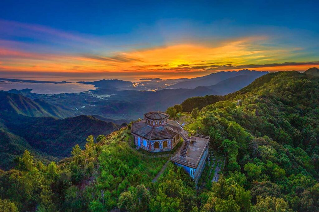 Aerial view by drone of Hai Vong Dai (Bach Ma Peak) the highest point of the national park