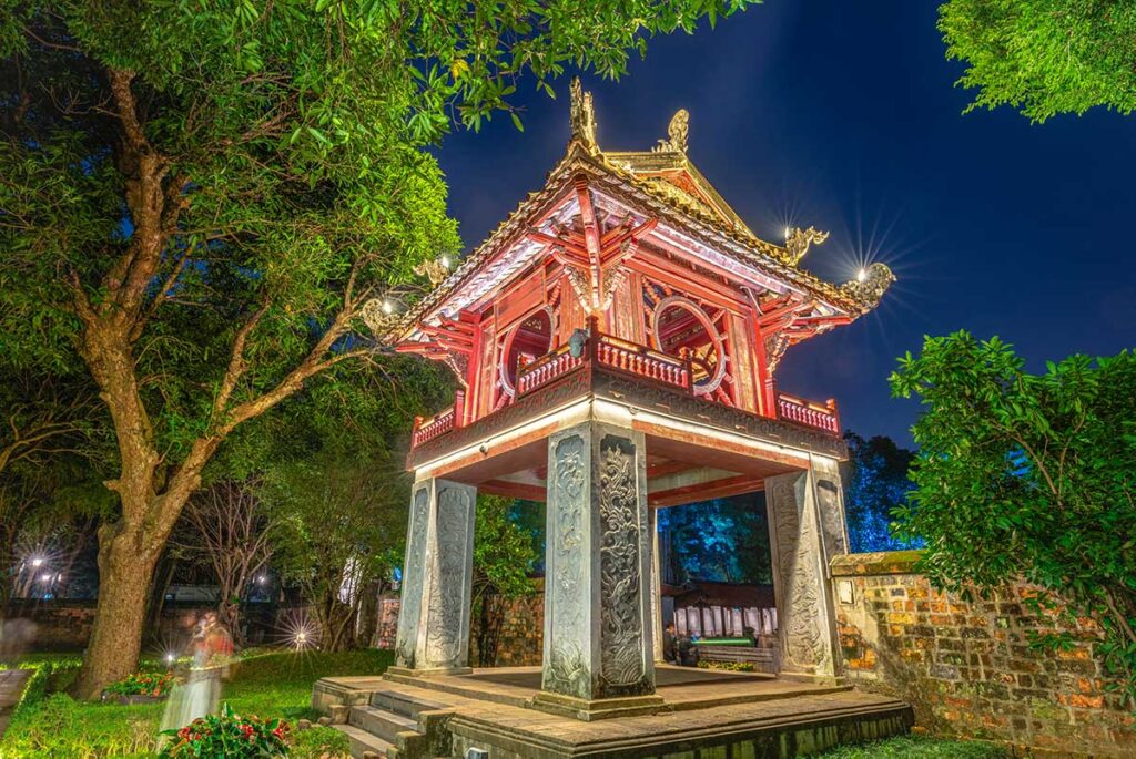 The Khue Van Pavilion seen in the evening with lights lightning up the pavilion very beautifully 