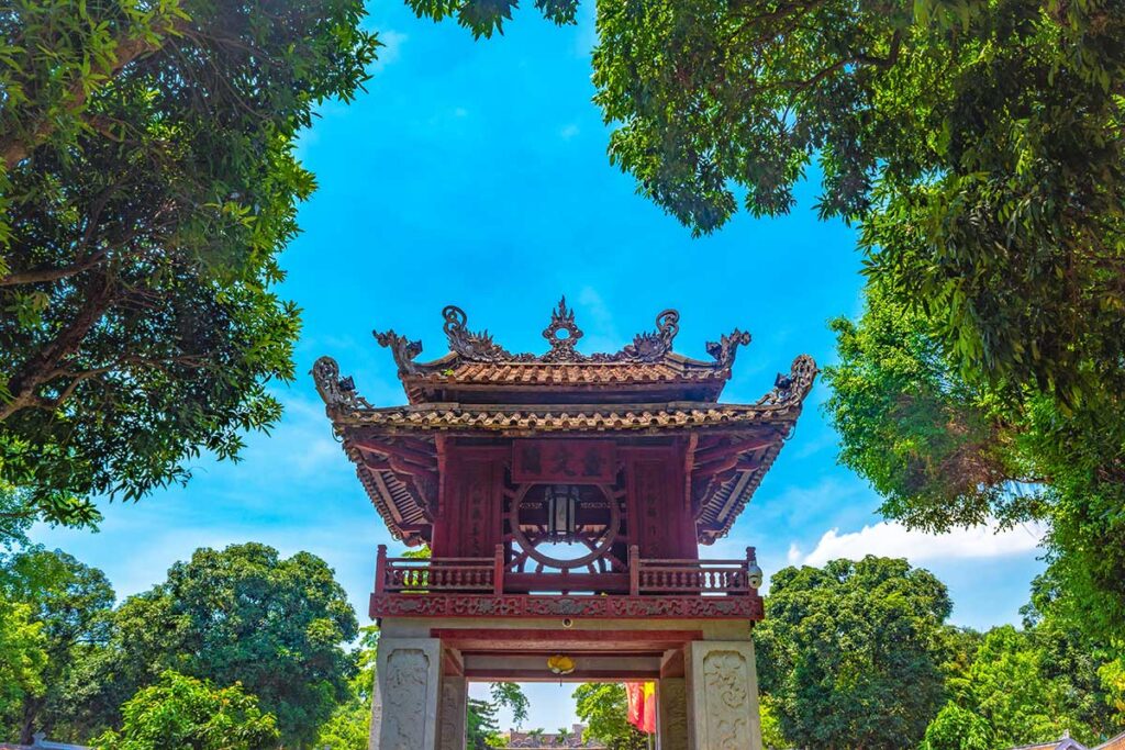 A closeup of the top section and roof of Khue Van Pavilion