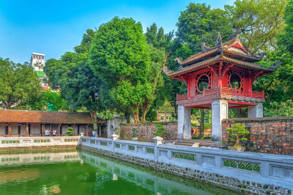 The pond and Khue Van Pavilion inside the Temple of Literature in Hanoi