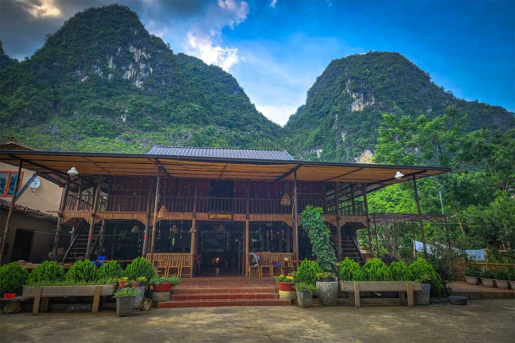 Outside of Lan Homestay - traditional stilt house homestay in Cao Bang near Ban Gioc Waterfall 