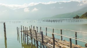 Small wooden fishing boat dock in Lap An lagoon (no boats)