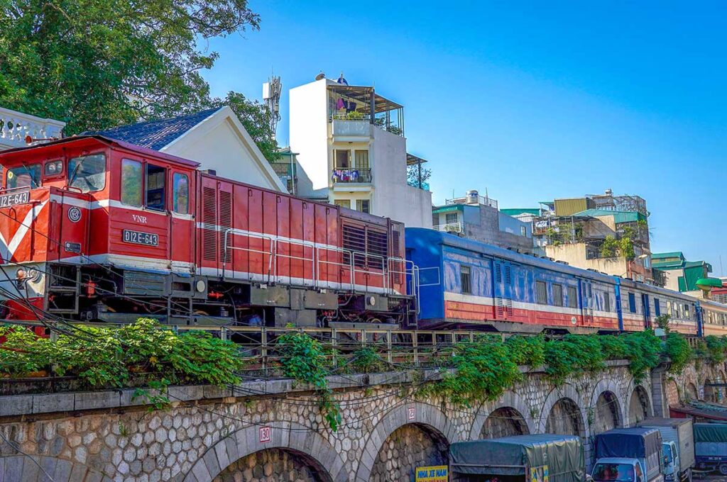 A train parked at Long Bien Railway Station in Hanoi