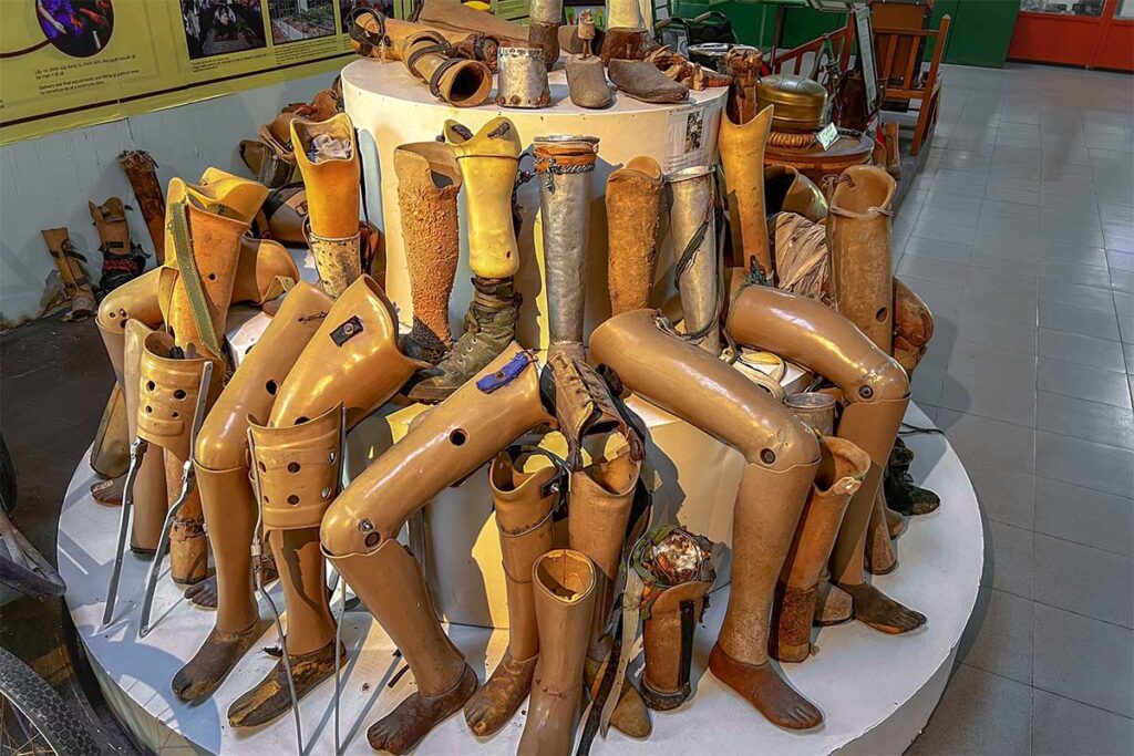 Homemade prosthetic limbs displayed at a small museum in the DMZ called Mine Action Visitor Center