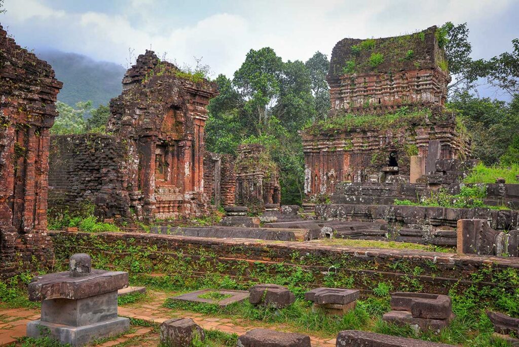 Close view of My Son’s red-brick towers and stone altars from the main temple group, part of the UNESCO World Heritage site near Hoi An