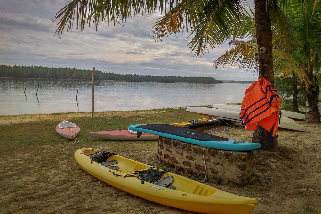 Kayaks and paddleboards lined up under palm trees beside the calm river on Tam Hai Island, a peaceful spot for outdoor activities.