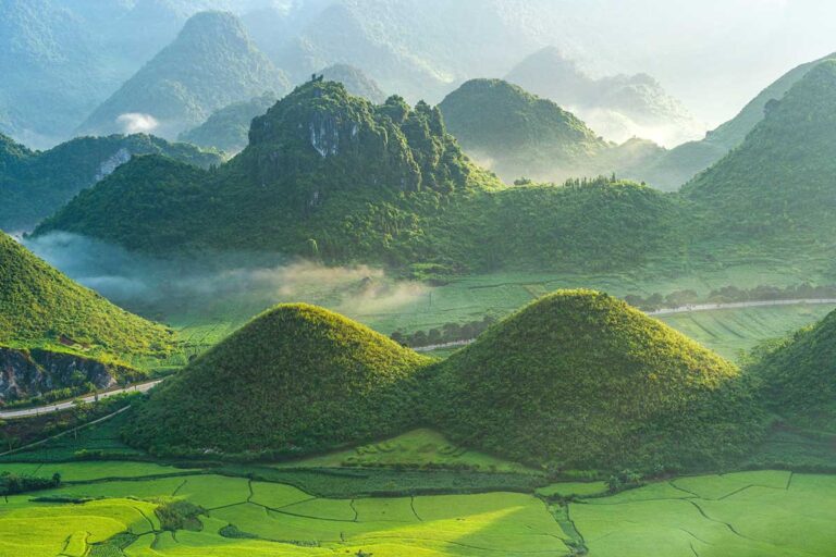 A panoramic view of the Twin Mountains in Quan Ba, Ha Giang, surrounded by lush green rice fields.