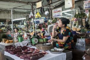Woman selling meat at the Dong Ba Market