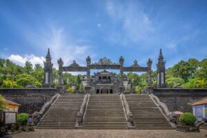 Staircase and dragon pillars inside Khai Dinh tomb