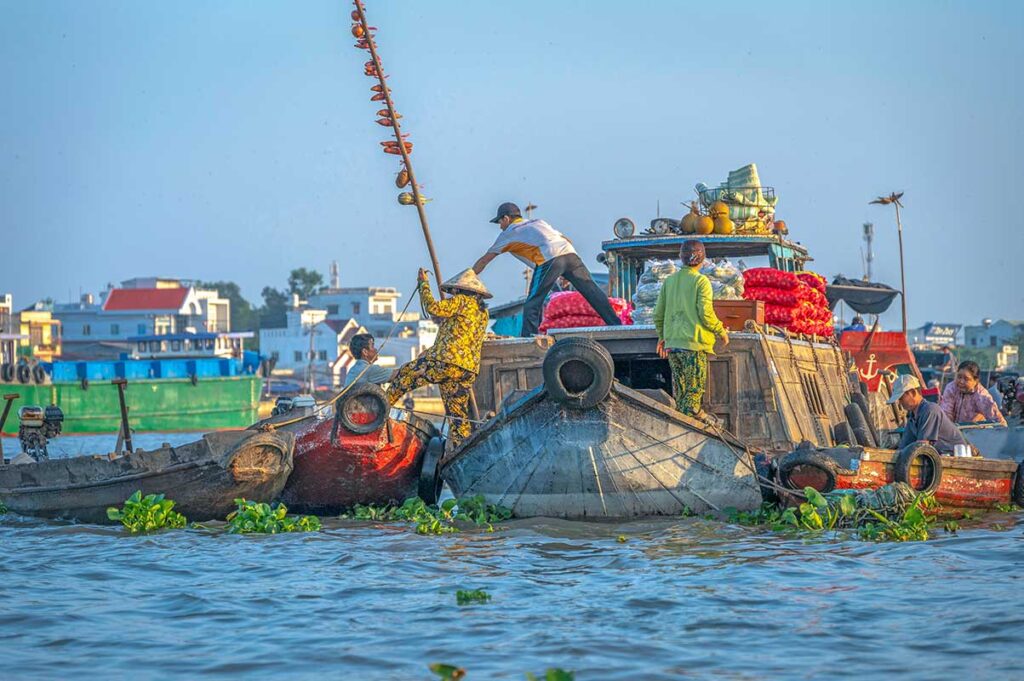 Boats trading vegetables and root crops at Cai Rang Floating Market, with bamboo advertising poles displaying produce.
