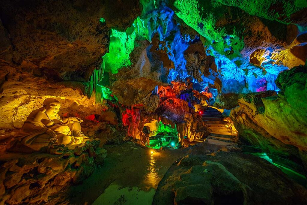 Inside Fairy Cave in Yen Bai with a complete LED lightning in different colors 
