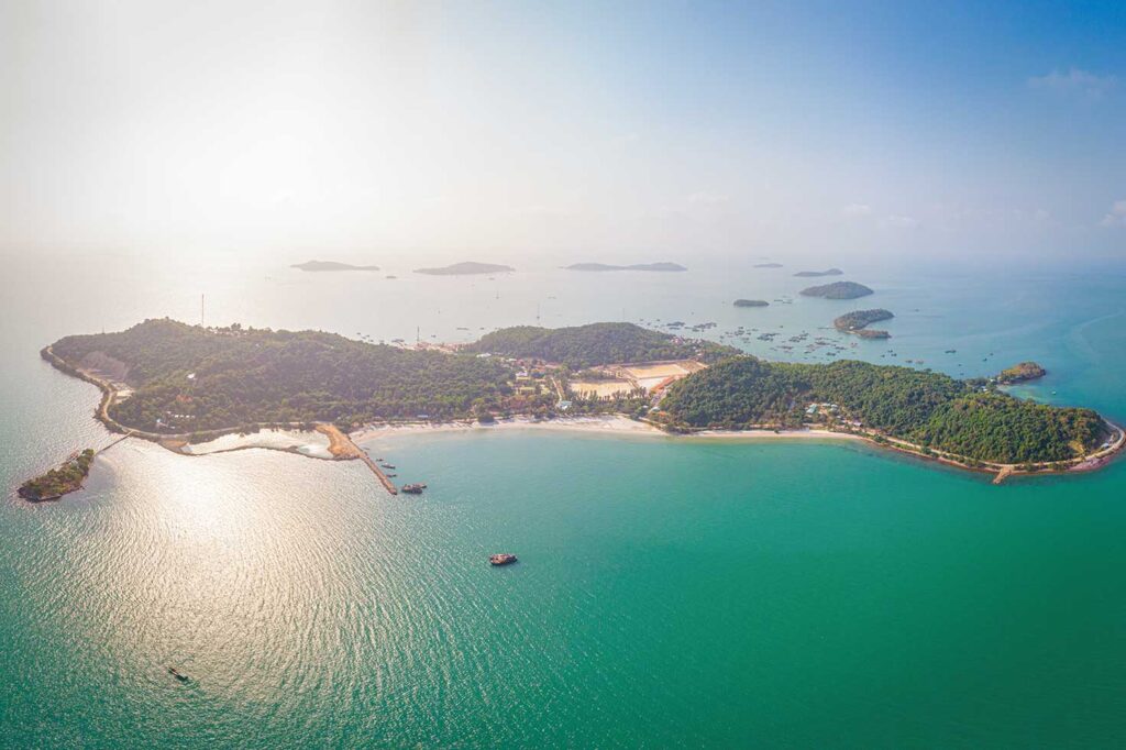 Aerial view of Hai Tac Islands near Ha Tien, known as Pirate Islands, surrounded by turquoise water.