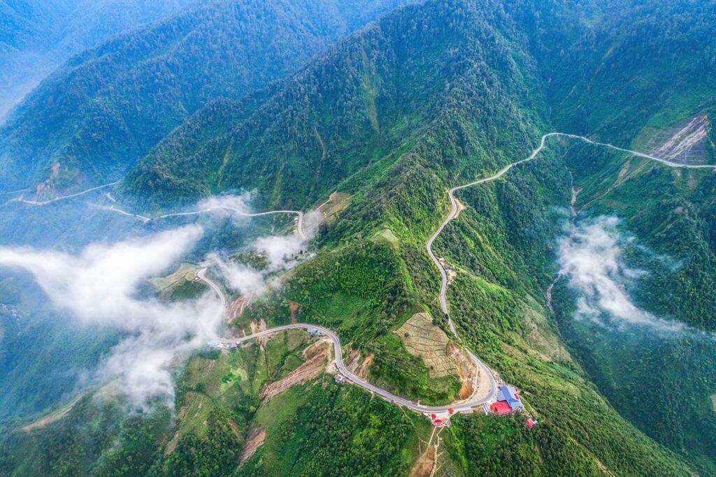 Aerial view of Khau Pha Pass winding through the mountains
