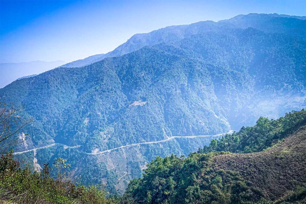The road of Khau Pha Pass viewed from far away on opposite mountain