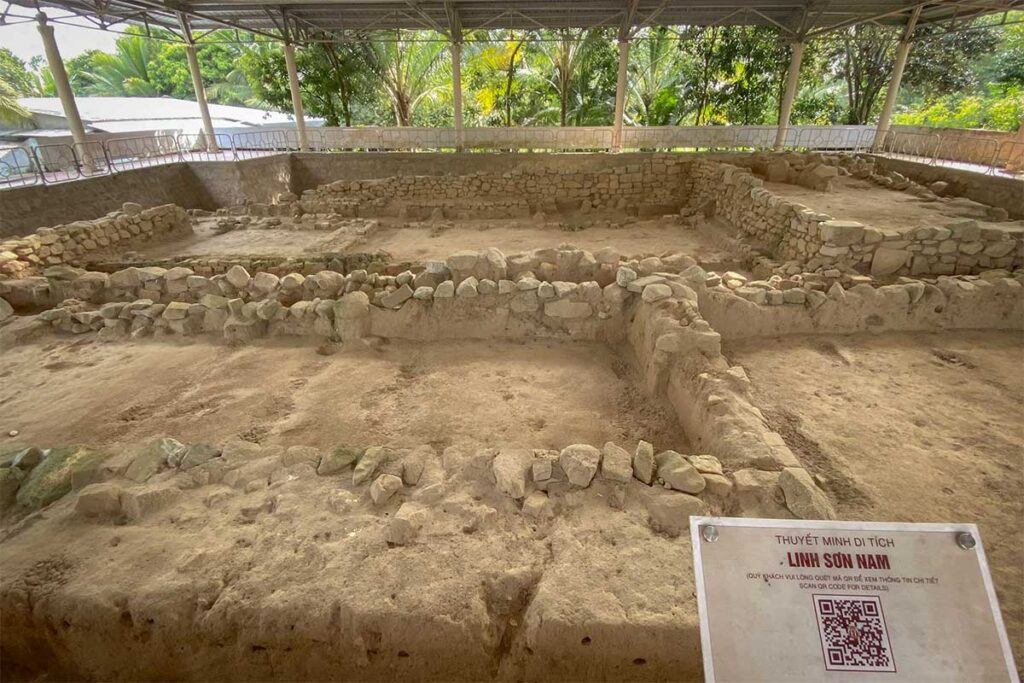 Oc Eo archaeological site in An Giang Province – Ancient Funan Kingdom ruins at Linh Son Nam, showing stone foundations under preservation.