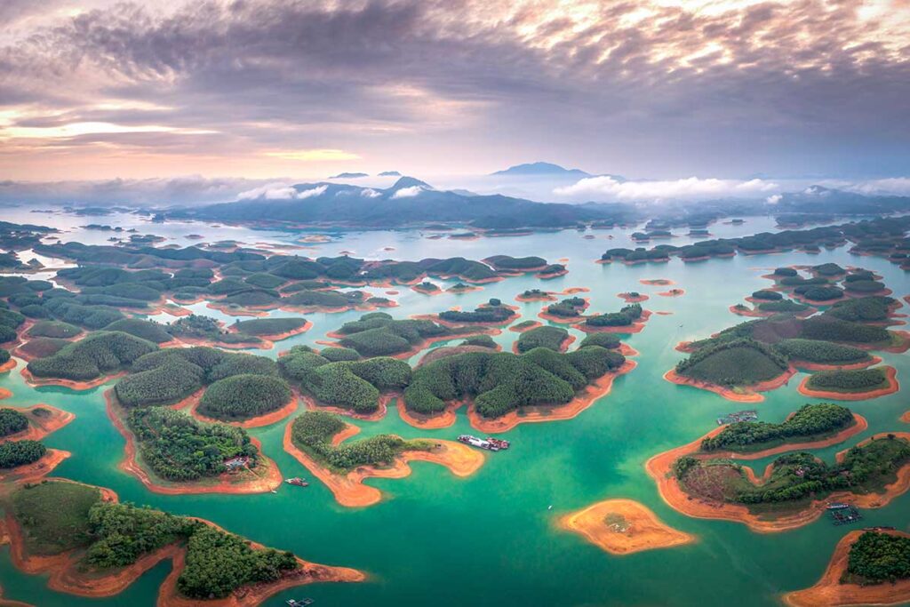 Aerial view of hundreds of islands in Thac Ba Lake