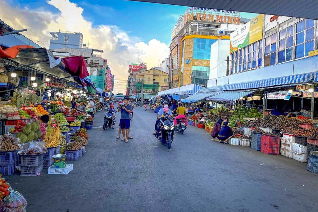 Fruit stalls at Vinh Long Market in the Mekong Delta, displaying durian, rambutan, and other local produce in a lively street market.