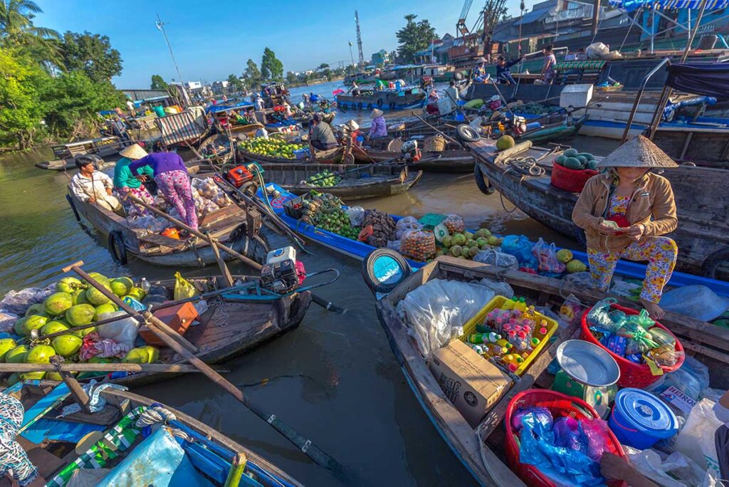 Busy morning scene with boats selling coconuts, fruit, and daily goods at Phong Dien Floating Market, Can Tho.