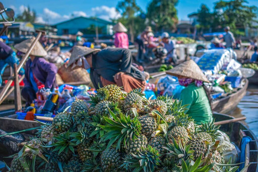 Close-up of fresh pineapples piled on a boat while traders work in the background at Phong Dien Floating Market.