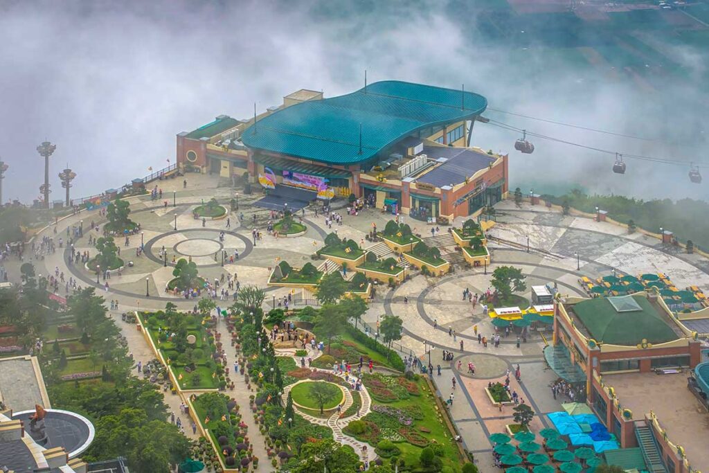 Aerial view of the top of Black Virgin Mountain with gardens, shops and cable car station