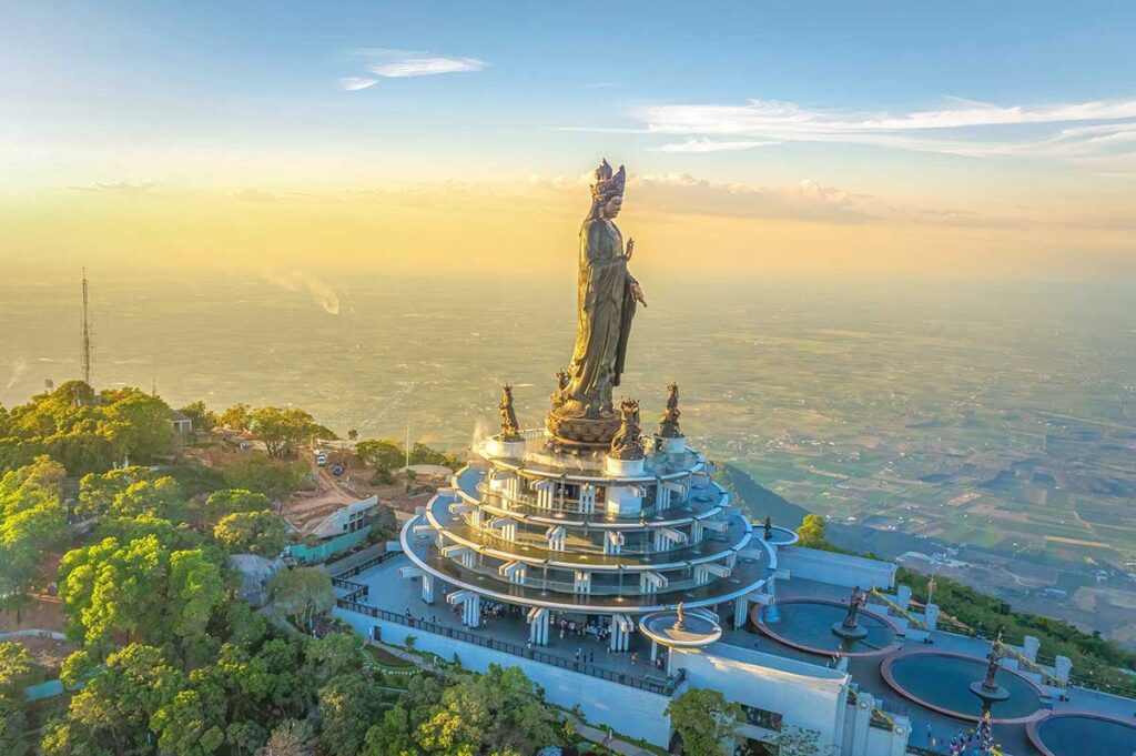 Aerial view of the giant statue on Black Virgin Mountain (Ba Den Mountain) in Tay Ninh