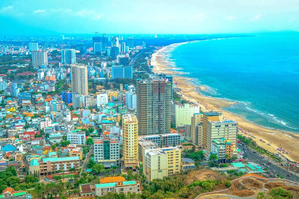 Aerial view of Vung Tau and the coastal line with its main beach