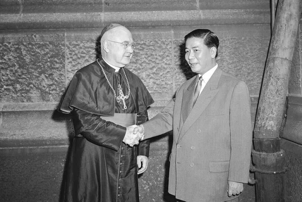 Ngo Dinh Diem and Cardinal Spellman shake hands
