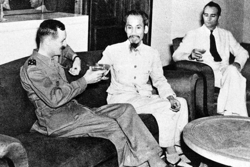 North Vietnam 1946 - President Ho Chi Minh received at the residence of the French Governor, General Leclerc, in the presence of the Commissioner of the Republic of Tonkin, Jean Sainteny, March 18, 1946.