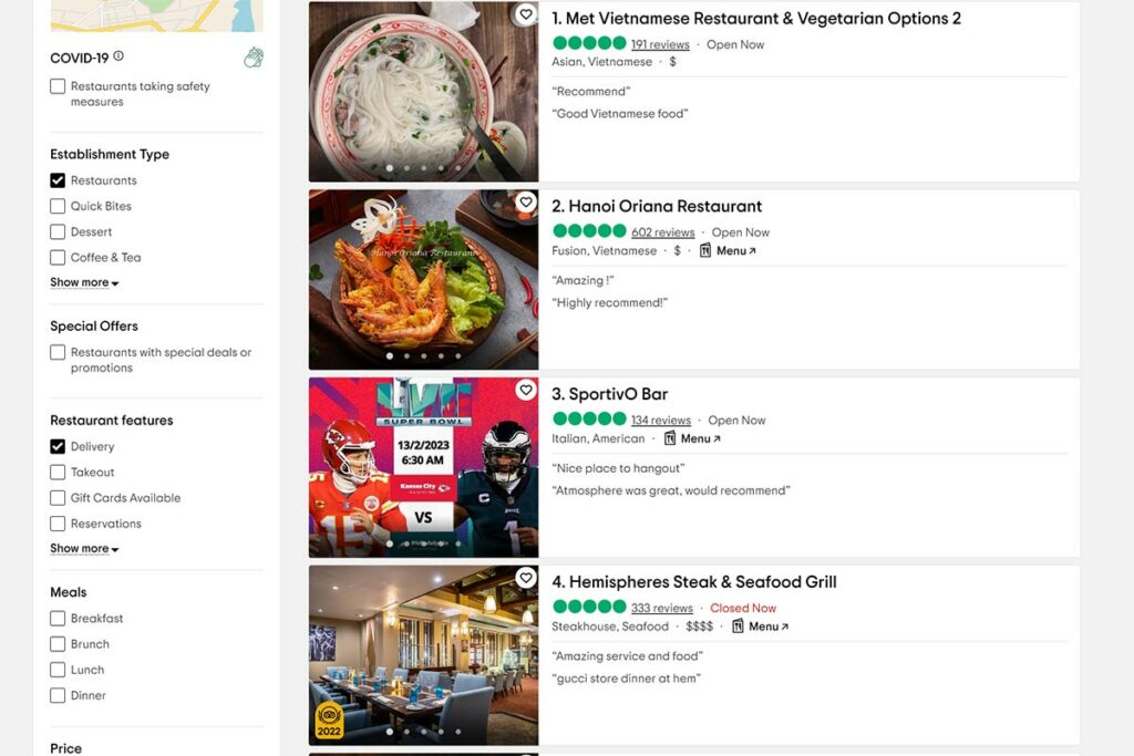 review of restaurants food quality in Vietnam