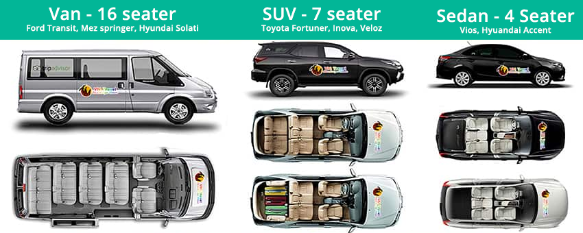 Vietnam car rental options: 4 seat, 7 seat, 16-seat car