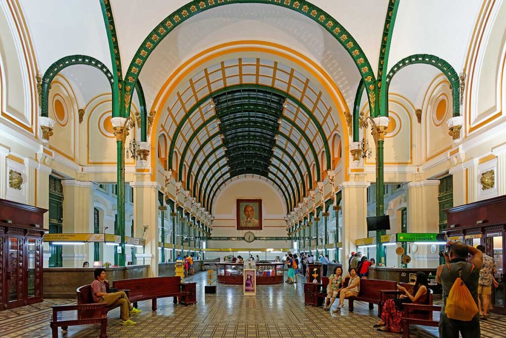 Saigon Central Post Office inside with the portrait of Ho Chi Minh