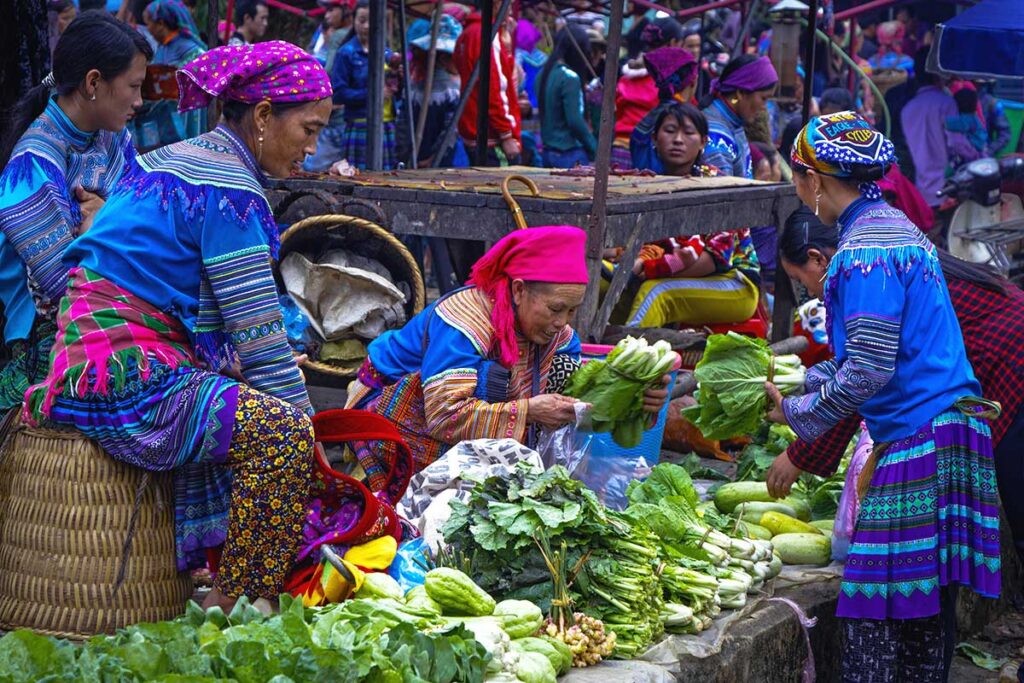 colorful ethnic woman socializing at selling local fruit and vegtables