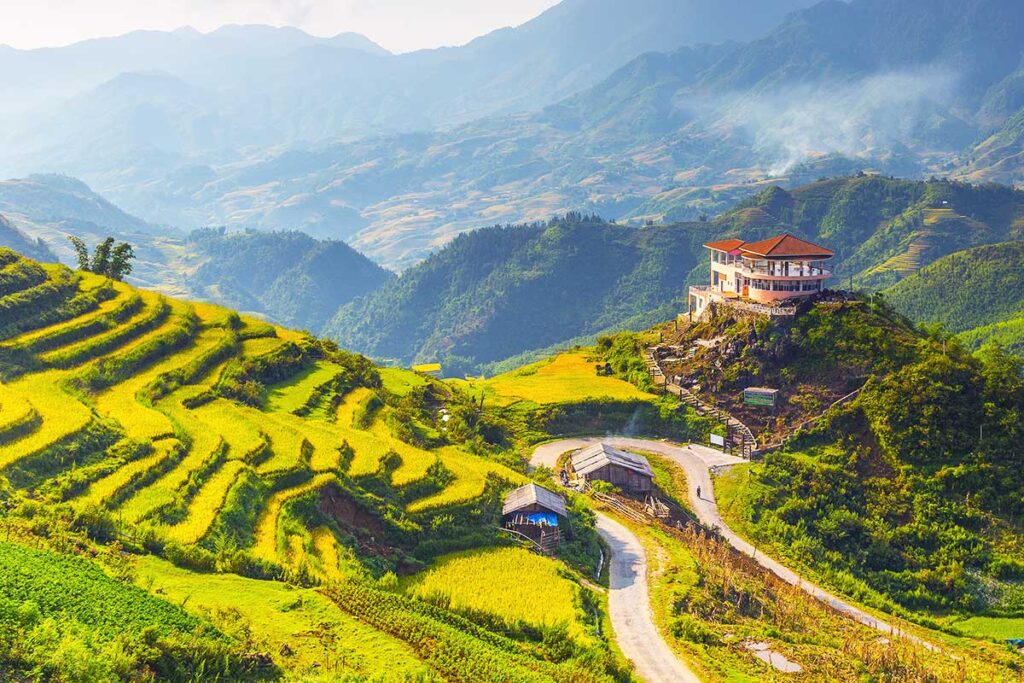 The Muong Hoa Road going from Sapa through the Muong Hoa Valley with rice fields