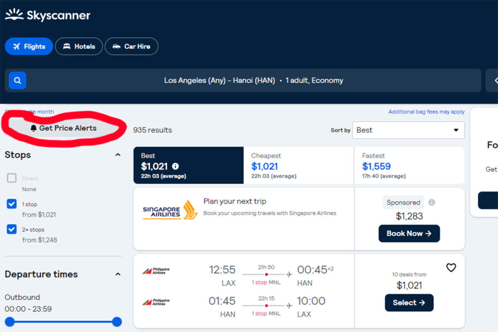 Screenshot of Skyscanner showing price alert feature for flights from Los Angeles to Hanoi – travel tip for booking cheap flights to Vietnam