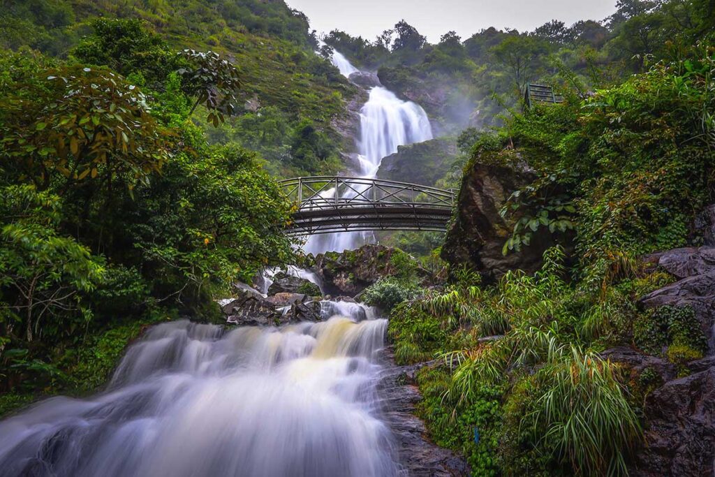 The Silver Waterfall with bridge near Sapa town