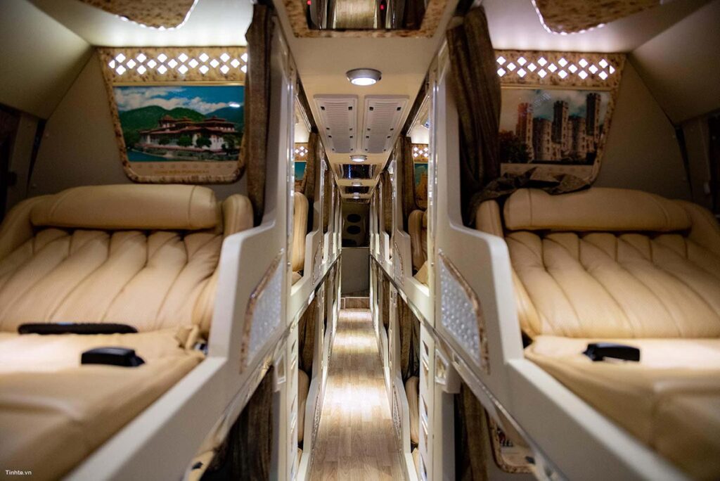 the inside of a VIP sleeper bus in Vietnam