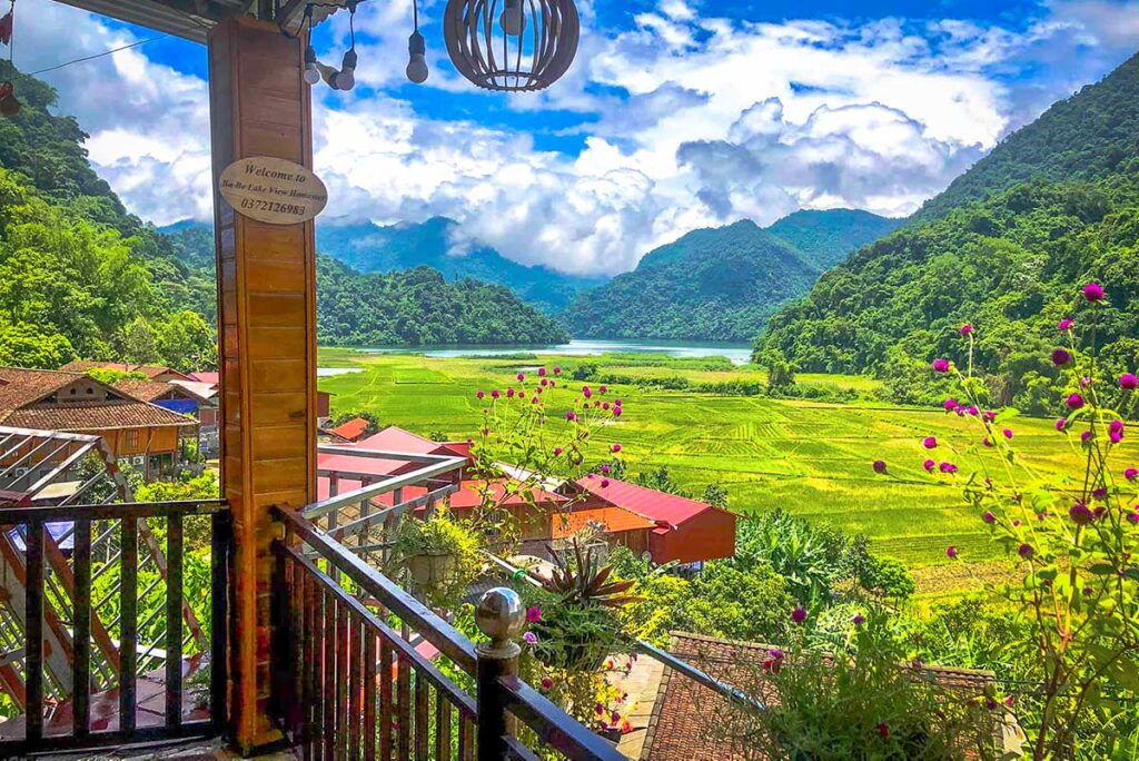 The view over rice fields and Ba Be Lake from a local homestay