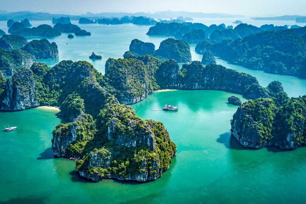 Aerial view of stunning rocks and islands of Bai Tu Long Bay
