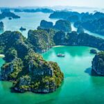 Aerial view of stunning rocks and islands of Bai Tu Long Bay