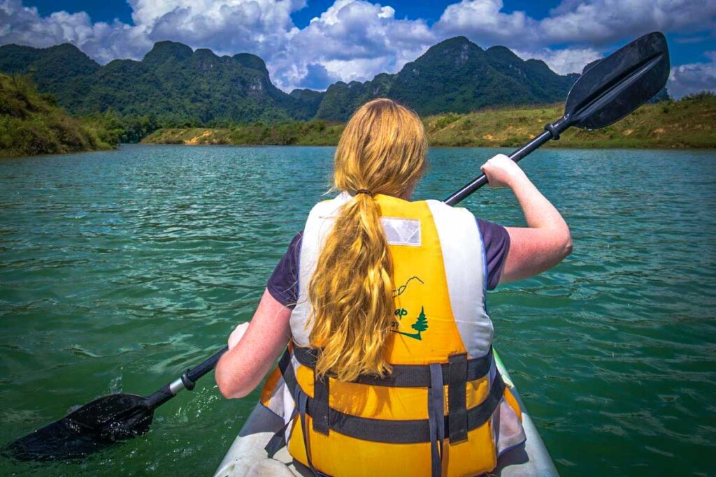 Kayaking on the Con River at Son Trach Town in Phong Nha National Park