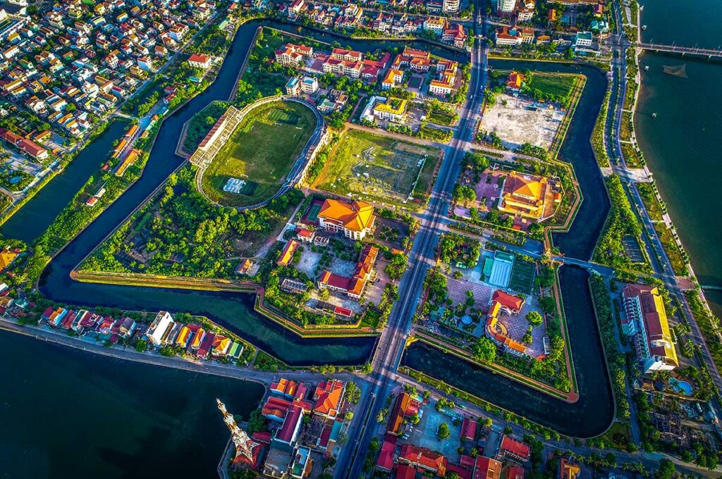 A aerial view of Dong Hoi Citadel with star lines and moat 