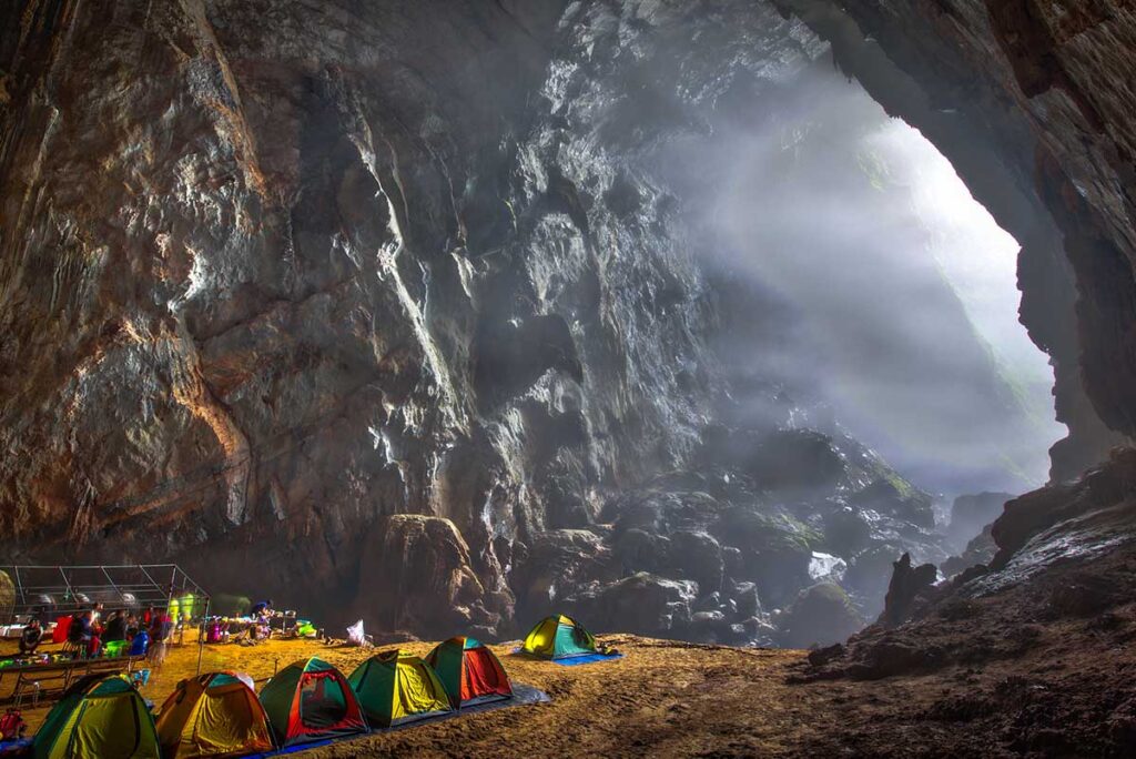 Tents at the campsite inside Hang Son Doong Cave, the largest cave in the world, located in Phong Nha, Vietnam